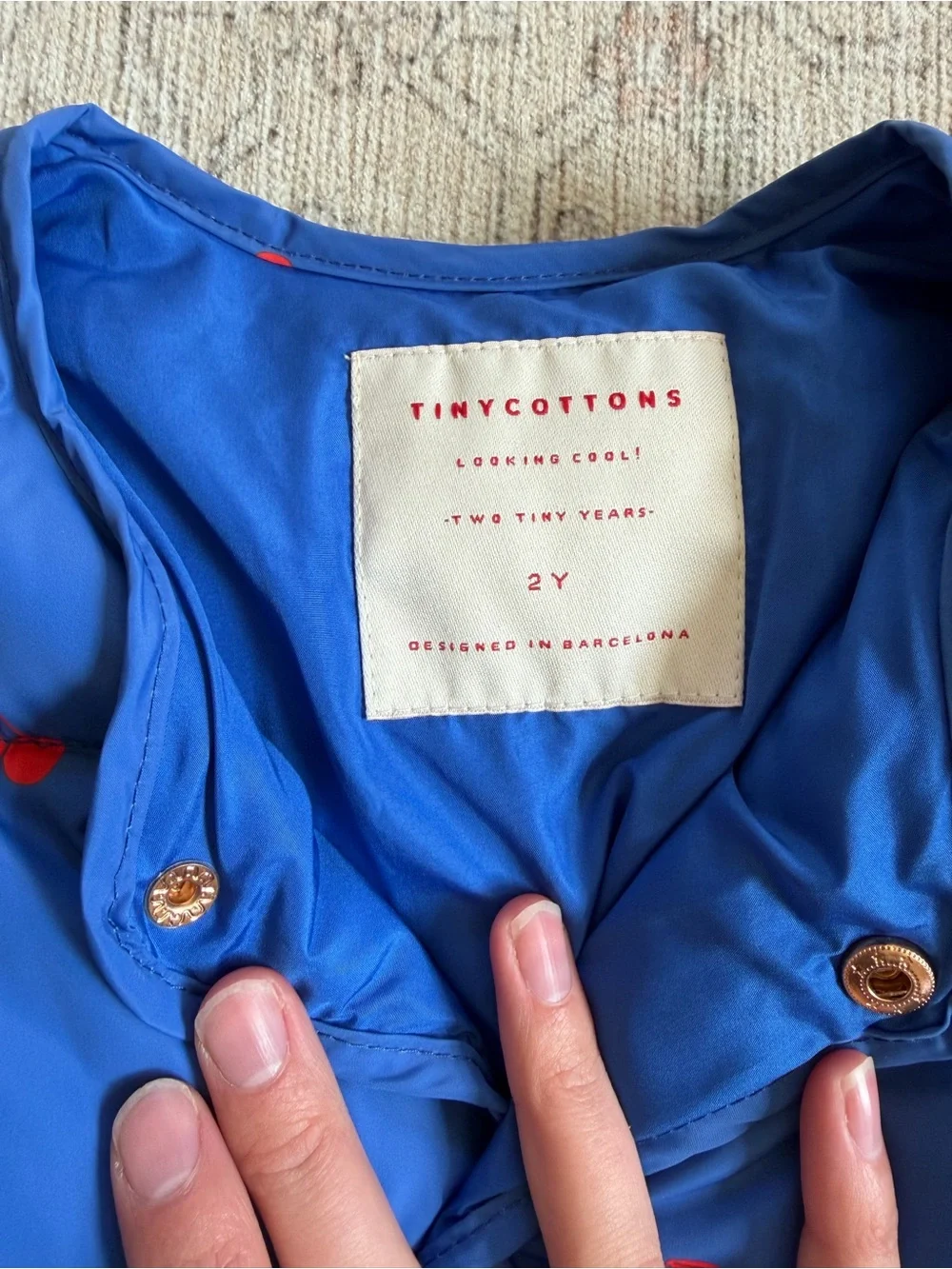 NWT TINY COTTONS Blue Kids Puffer Coat with Red Cherry Print